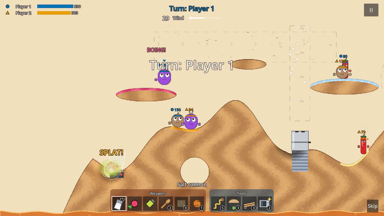 An onion bounces off a jelly island with a BOING while a shot splats into the blender.